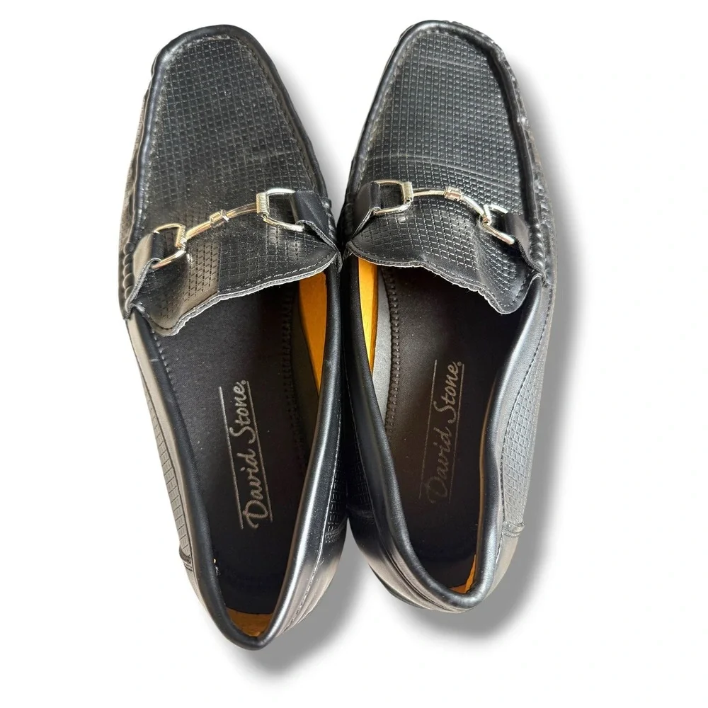 David Stone Bit Loafers Mens 11 Black Faux Leather Grid Moc Toe Slip On Shoes